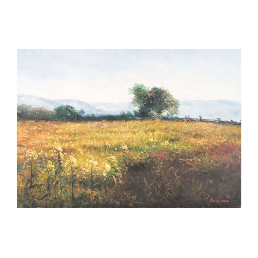 Robin White Field Landscape Oil Painting, 21st Century