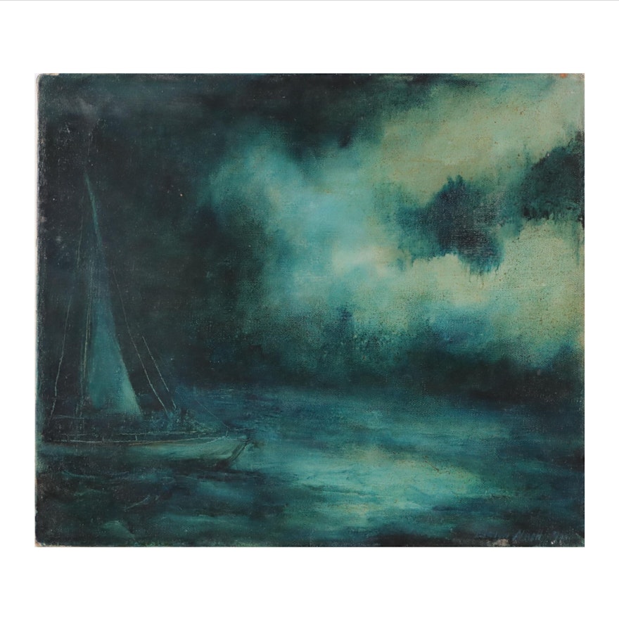Evelyn Nash Nocturne Nautical Oil Painting, 1971