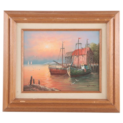 W. Sherman Sunset Harbor Scene Oil Painting