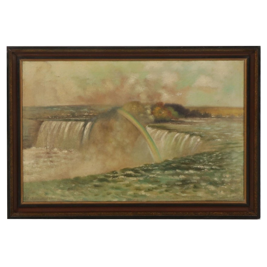 Landscape Oil Painting of Rainbow on Waterfall, Circa 1900