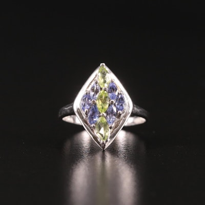 Sterling Peridot and Tanzanite Cluster Ring