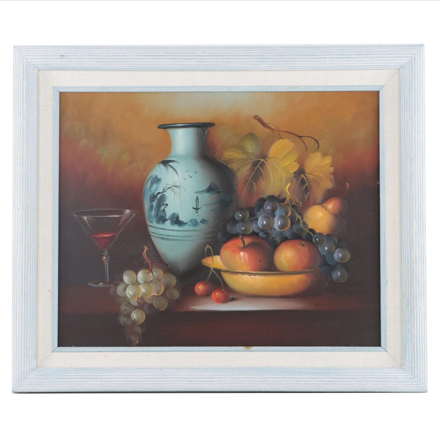 Still Life Oil Painting of Fruit and Porcelain Vase