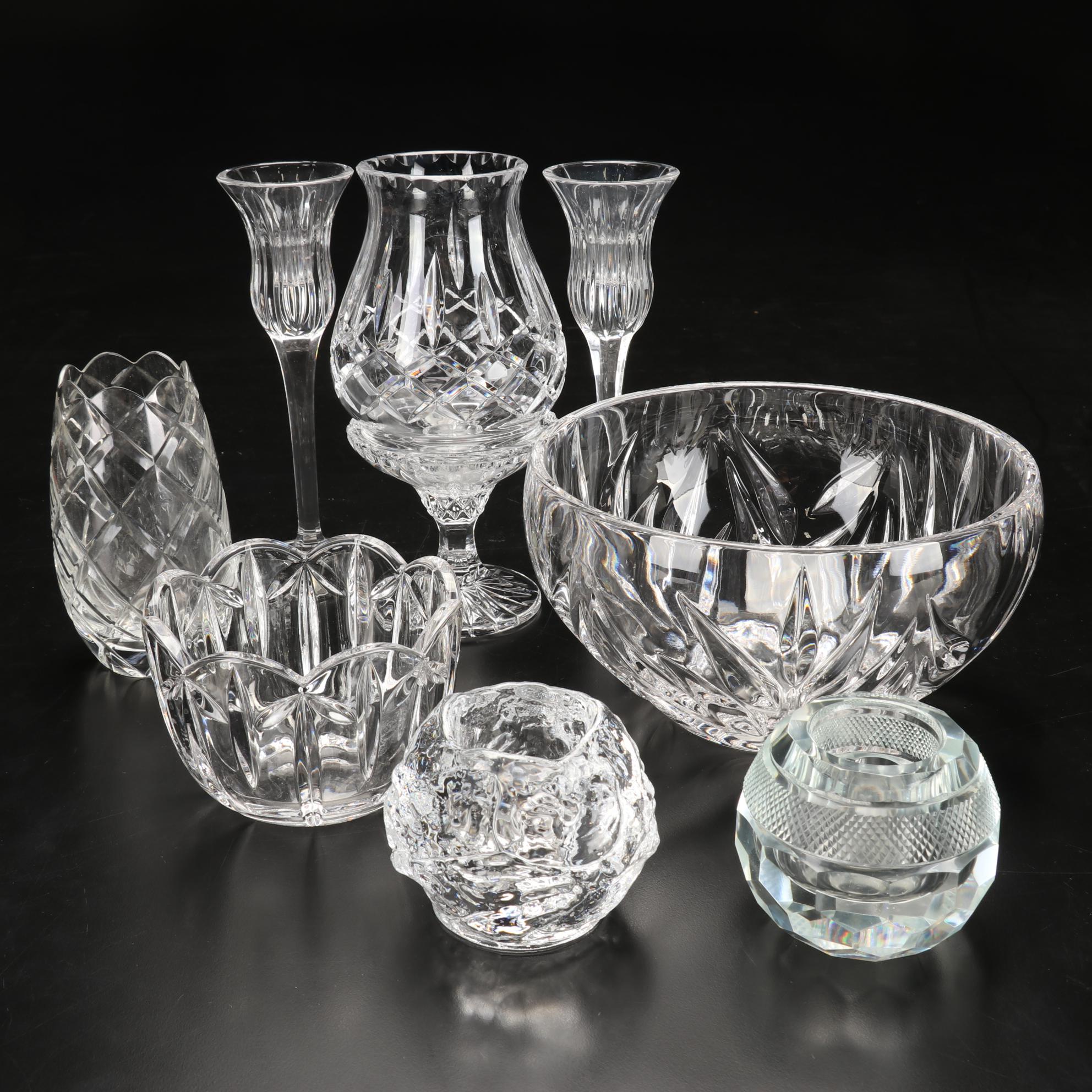 Waterford Crystal "Lismore" Hurricane Candle Holder, Kosta Boda Votive
