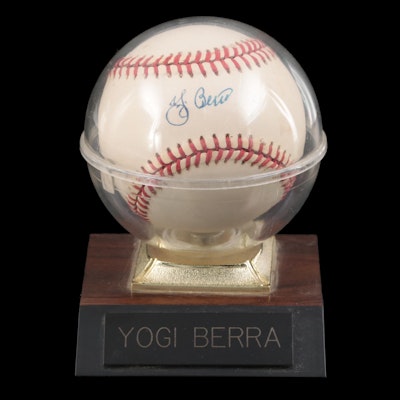 Yogi Berra Signed Rawlings American League Baseball in Engraved Display Case