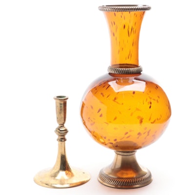 Maitland-Smith Brass Candle Holder with Brass Mounted Tortoiseshell Glass Vase
