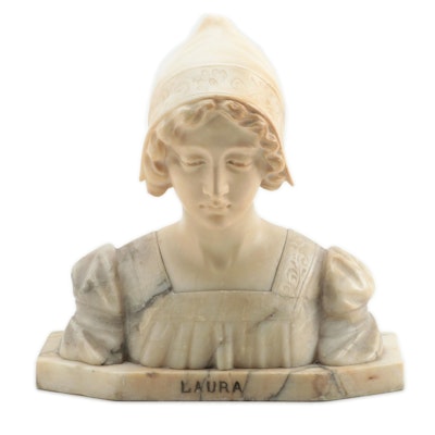 Florentine Carved Alabaster Bust "Laura", Early 20th Century