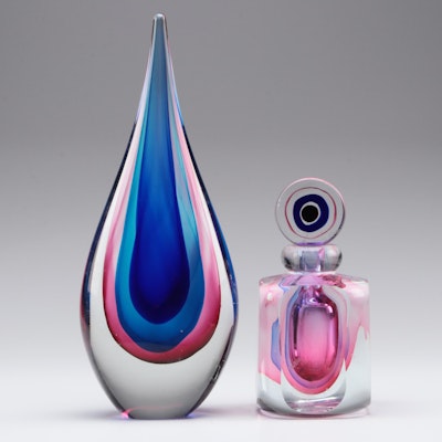 Teardrop Art Glass Paperweight and Glass Perfume Bottle