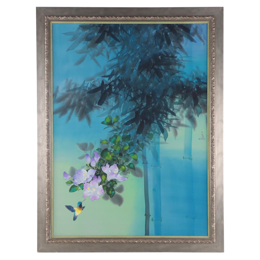 David Lee Watercolor Painting of Blossoming Tree and Hummingbird
