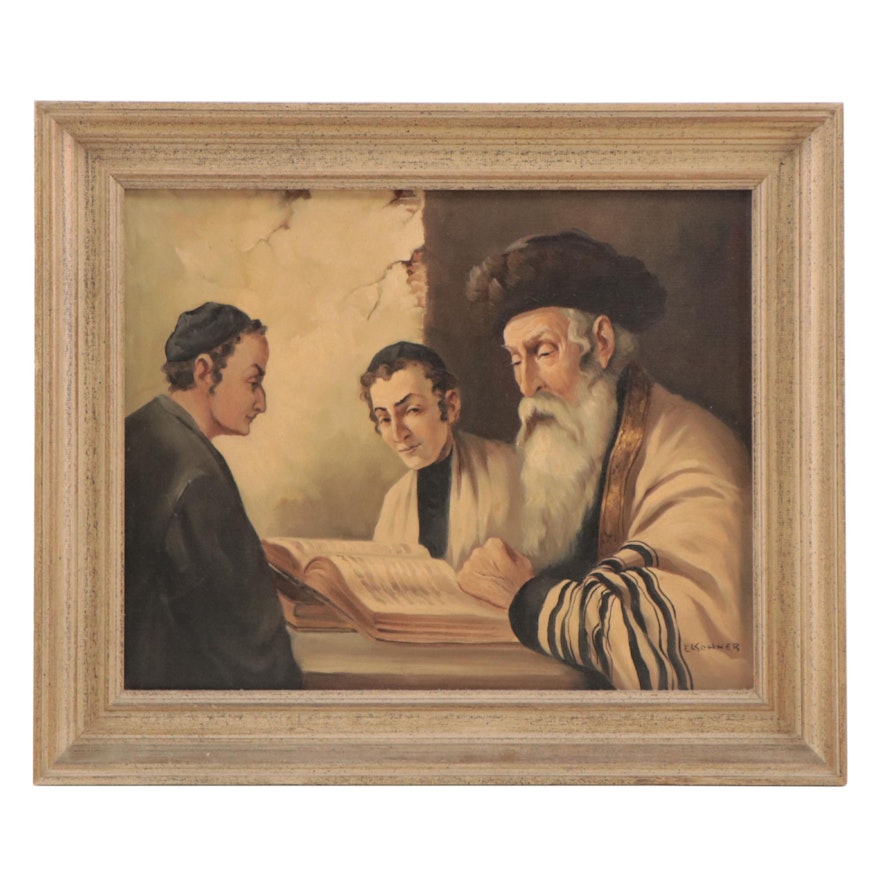 E. Kohner Oil Painting of Rabbi Teaching Boys, Late 20th Century
