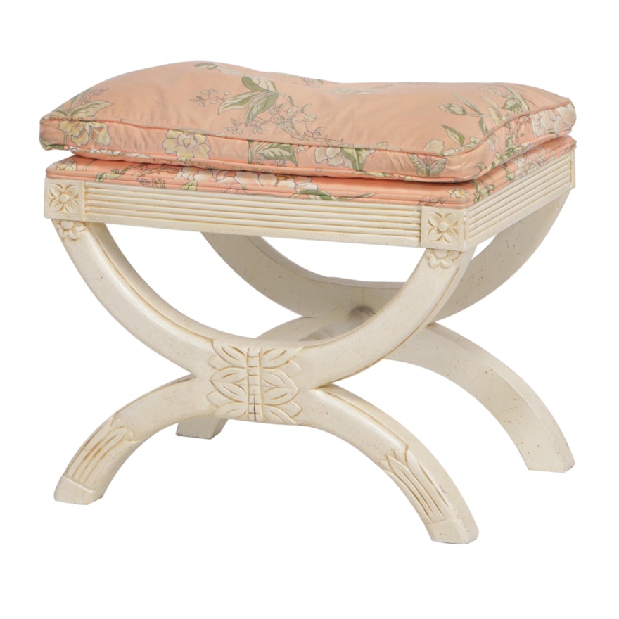 Louis XVI Style Cream-Painted and Custom-Upholstered Curule-Form Stool