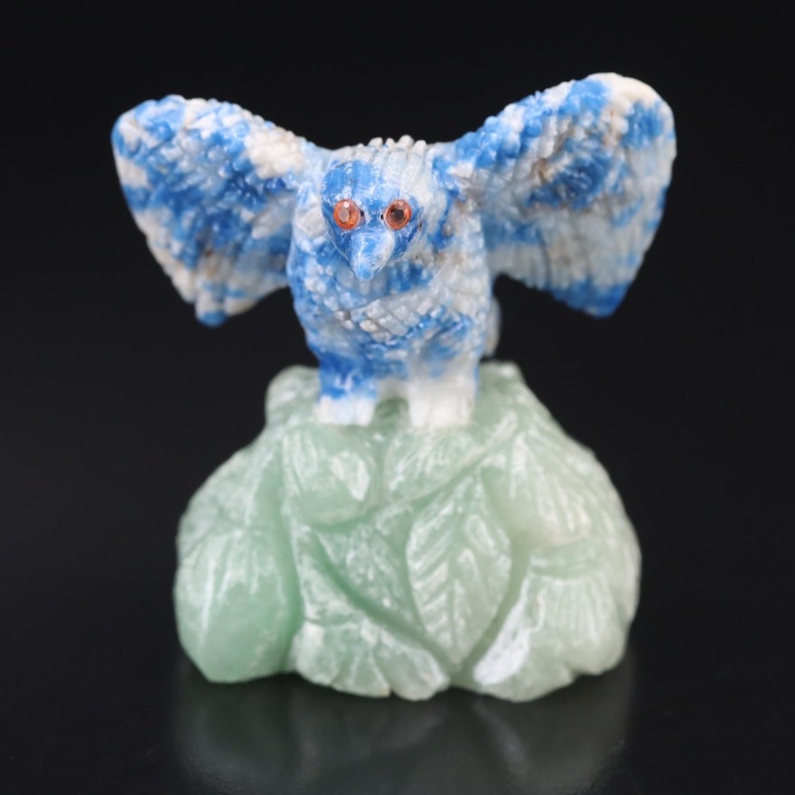 Carved Lapis Lazuli, Calcite Eagle Figurine with Sapphire Eyes