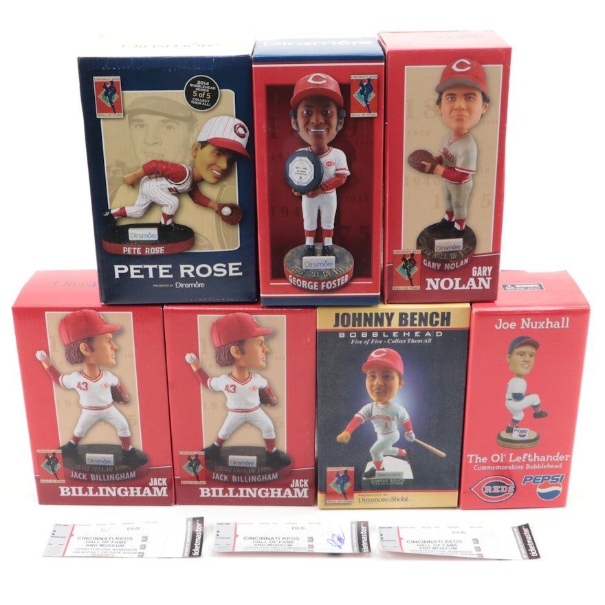 Cincinnati Reds Bobbleheads Including Nuxhall, Bench, Rose, Signed Ticket