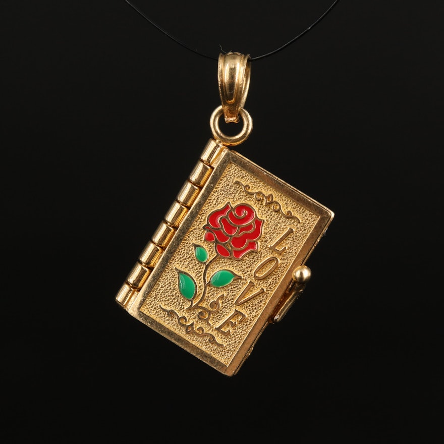 14K Enameled Rose "Love" and 1 Corinthians 13:4-7 Book Charm