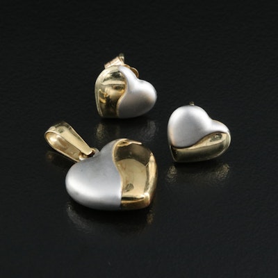 14K Two Tone Heart Pendant and Stud Earring Set