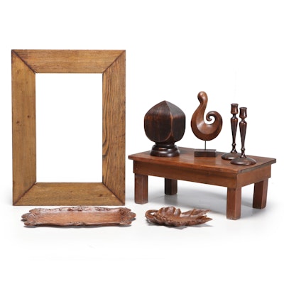 Oak Frame Wall Mirror with Wooden Low Table and More Décor