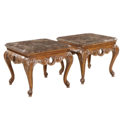 Pair of Henredon French Provincial Style Carved Oak and Marble-Top Side Tables