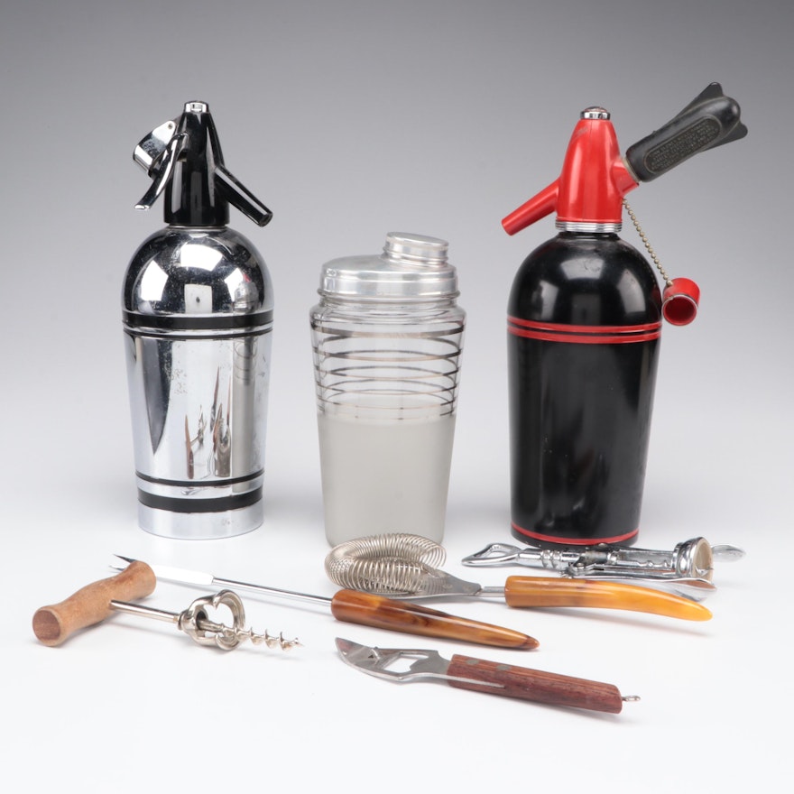 Sparklets Seltzer Bottle and Other Barware, Mid to Late 20th Century