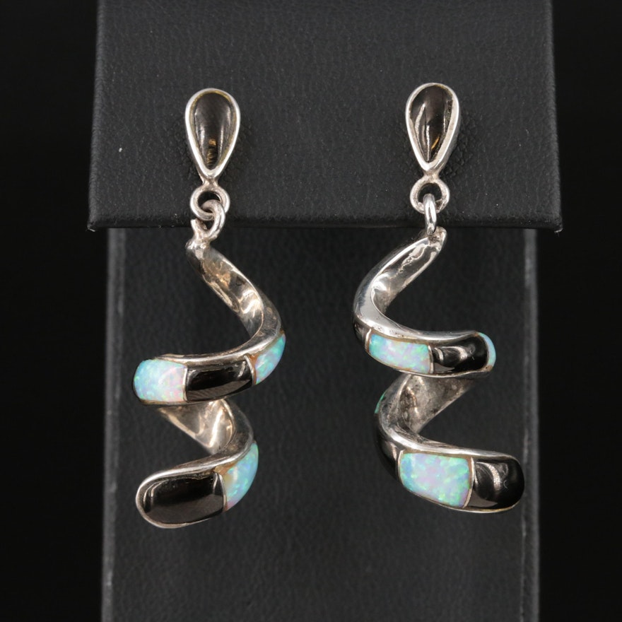 Southwestern Sterling Spiral Opal Inlay Earrings