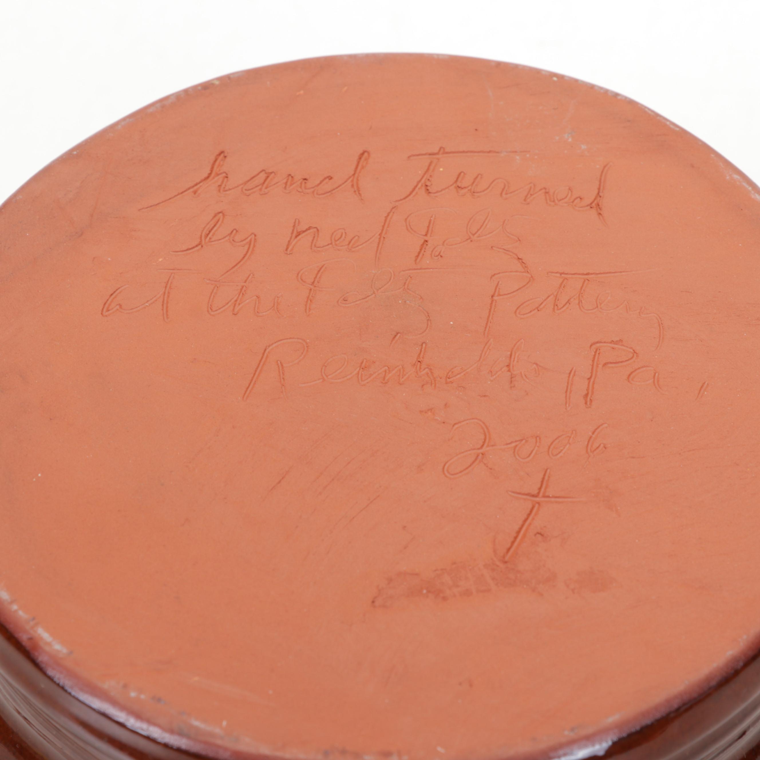 Foltz Pottery Redware Bowl With Lake Waters Pottery Glazed Ceramic Lidded Jar EBTH