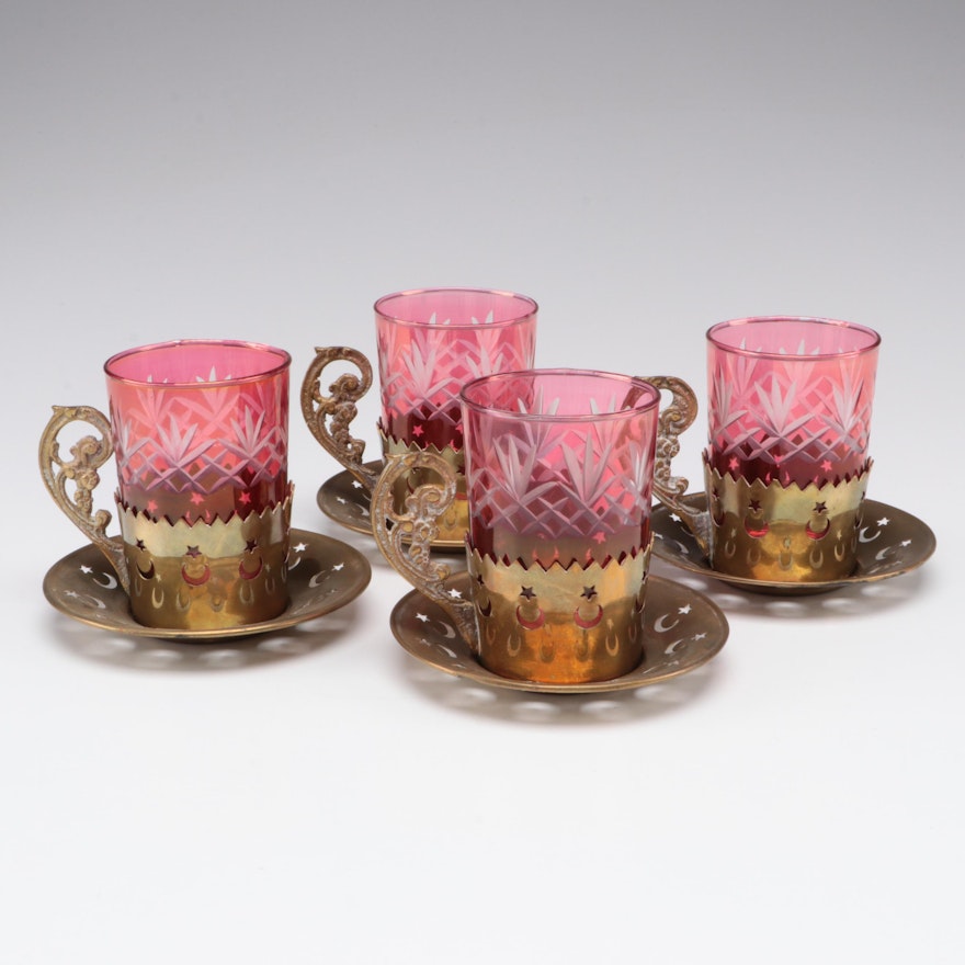 Indo-Persian Style Cut to Clear Tea Glasses with Brass Zarfs and Saucers