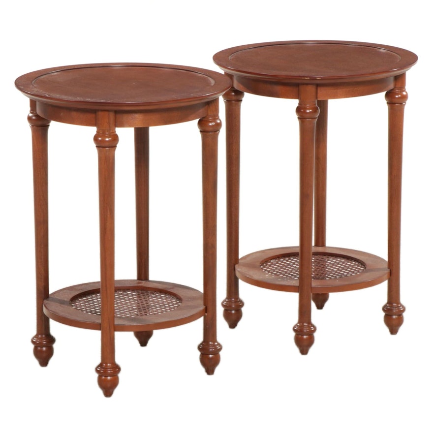 Pair of Contemporary Round Wood Side Tables With Cane Shelves