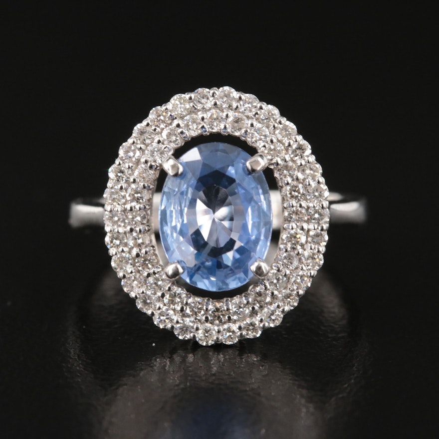 Platinum 1.83 CT Ceylon Sapphire and Diamond Double Halo Ring with GIA Report
