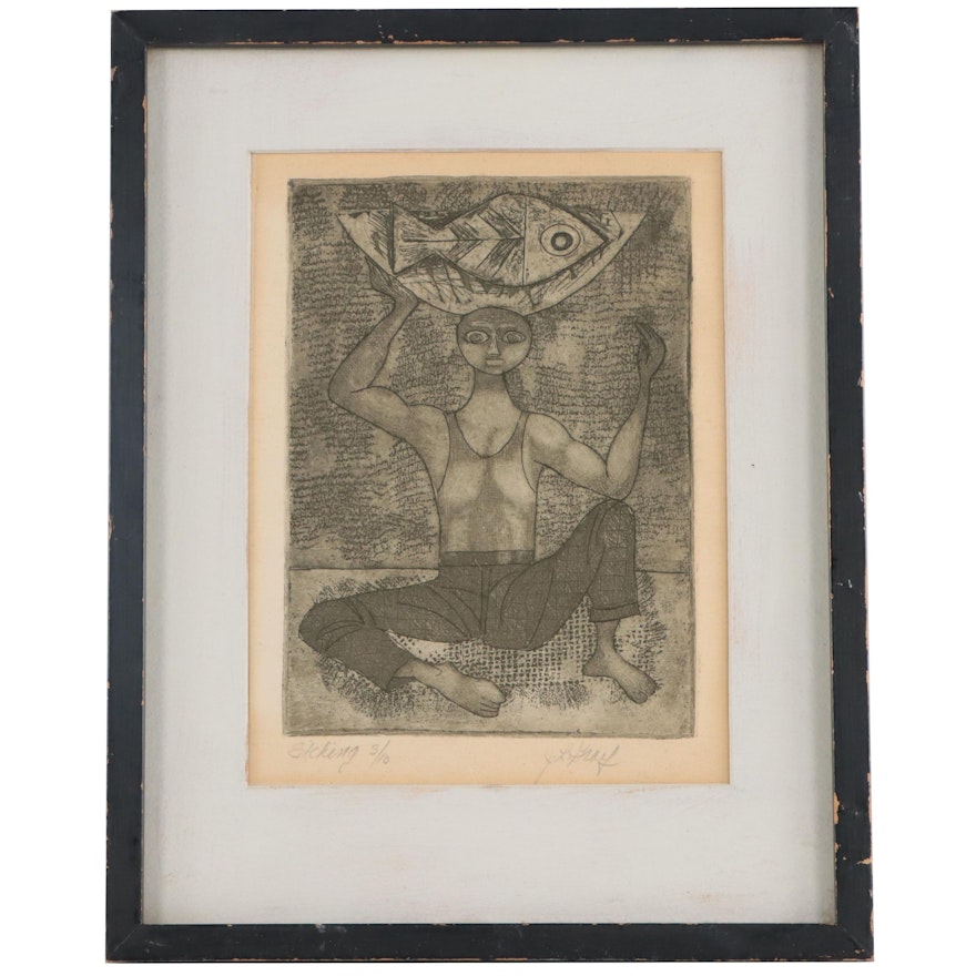 Etching of Man Holding Fish Over Head