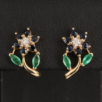 14K Diamond, Sapphire and Emerald Flower Earrings