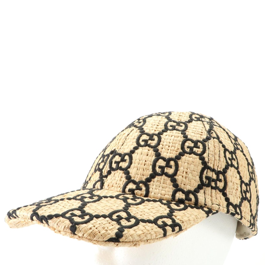 Gucci GG Embroidered Woven Raffia Baseball Cap with Cobra Snakeskin Trim