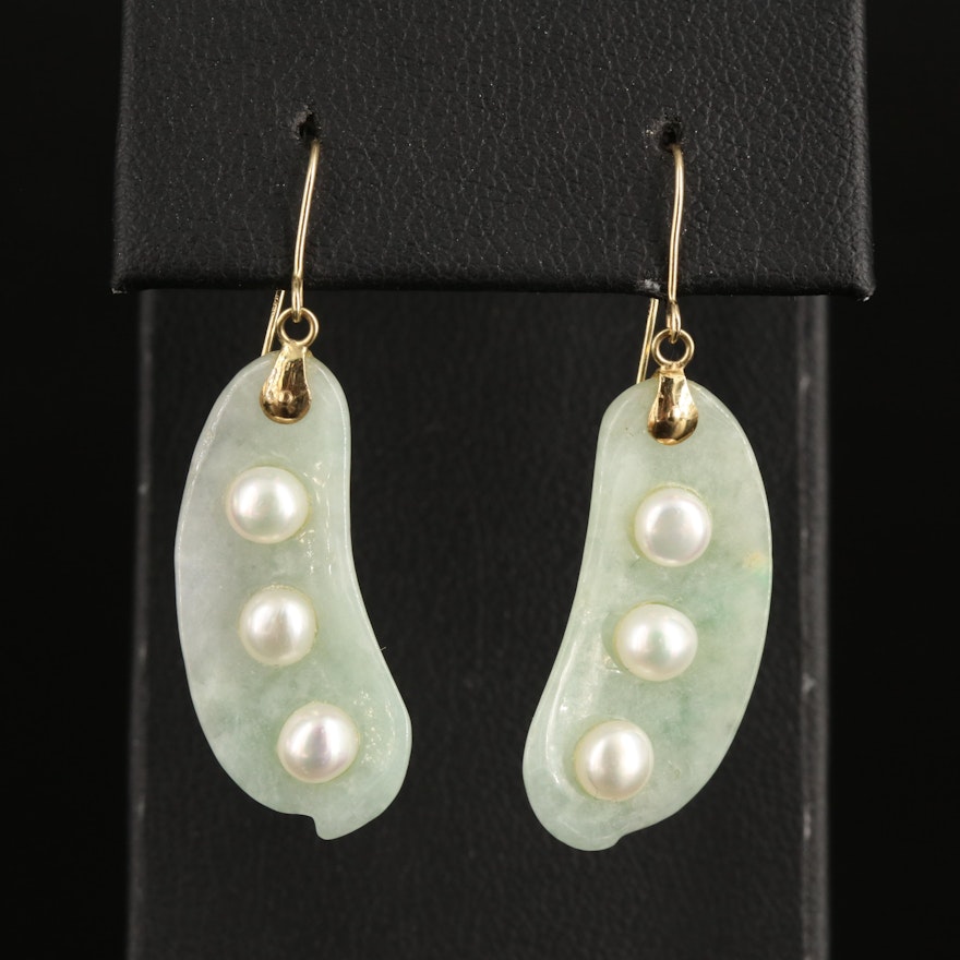 14K Jadeite and Pearl Pea Pod Earrings