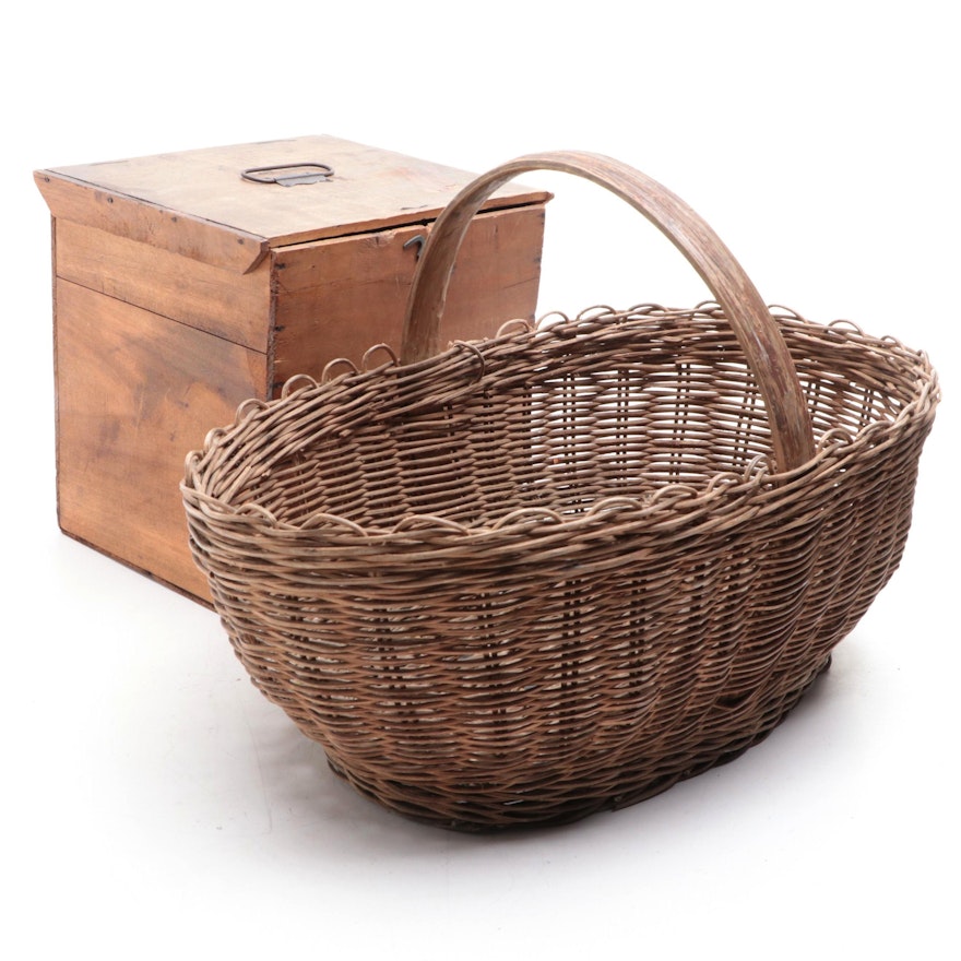 Primitive Pine Storage Box with Rattan Wicker Woven Basket