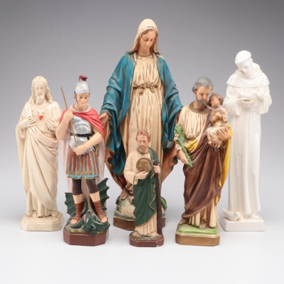 Painted Chalkware Our Lady of Grace with St. Joseph and Other Statues