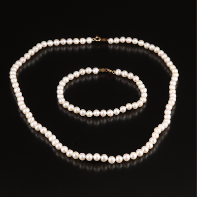 Pearl Necklace and Bracelet Set with 14K Clasps