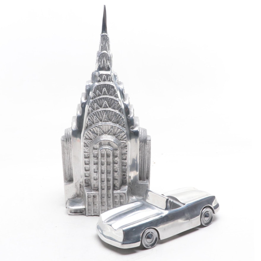 Chrysler Building Art Deco Skyscraper  and Car Cast Aluminum Figurines