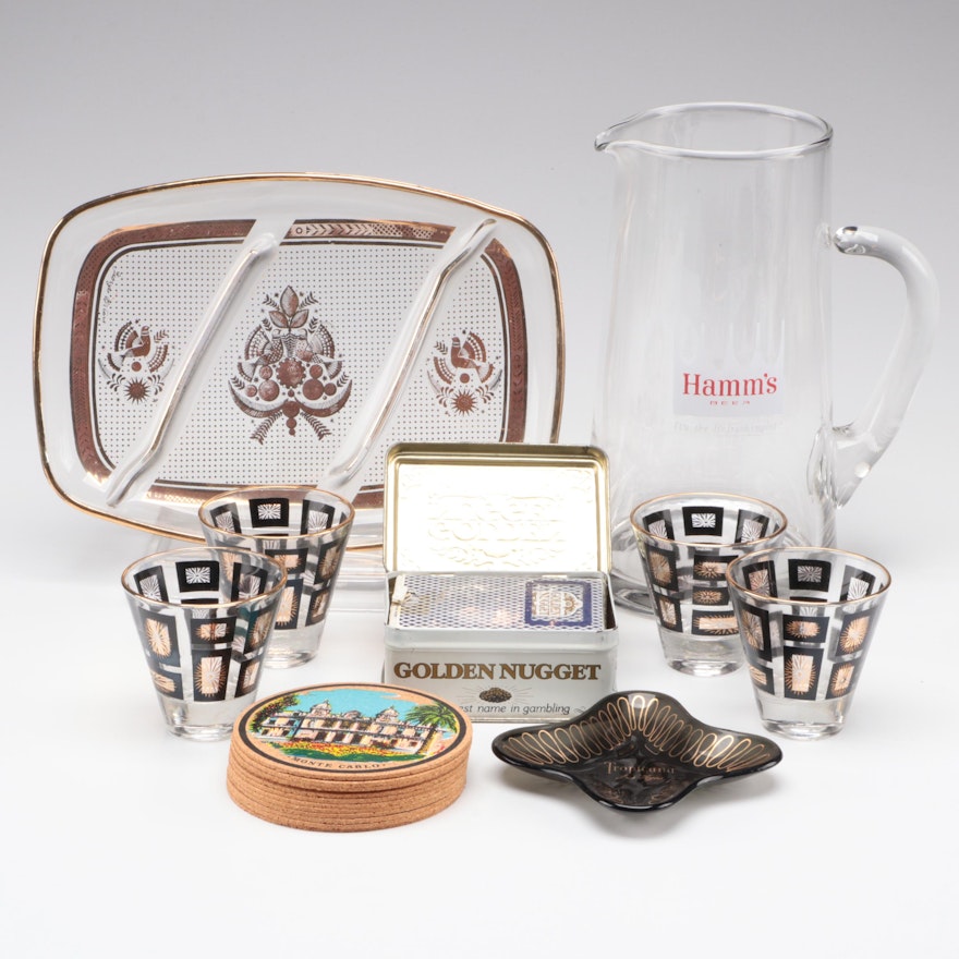 Georges Briard Divided  Platter with Hamm's Beer Pitcher and Other Barware