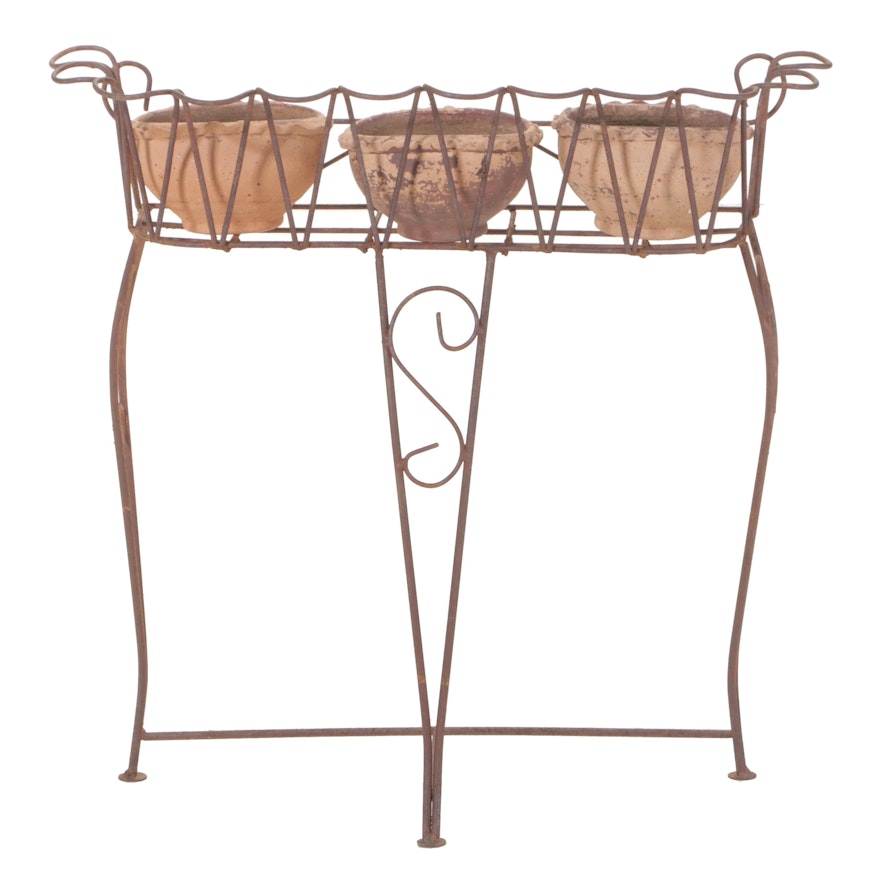Wirework Plant Stand Plus Three Earthenware Planters