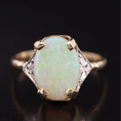10K Opal Ring with Flowers in Palladium Detail