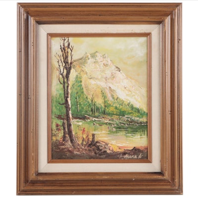 Idyllic Mountains Landscape Oil Painting, Mid-20th Century