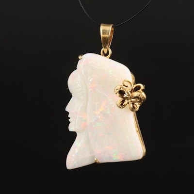 14K Carved Opal Profile Pendant with Butterfly Accent