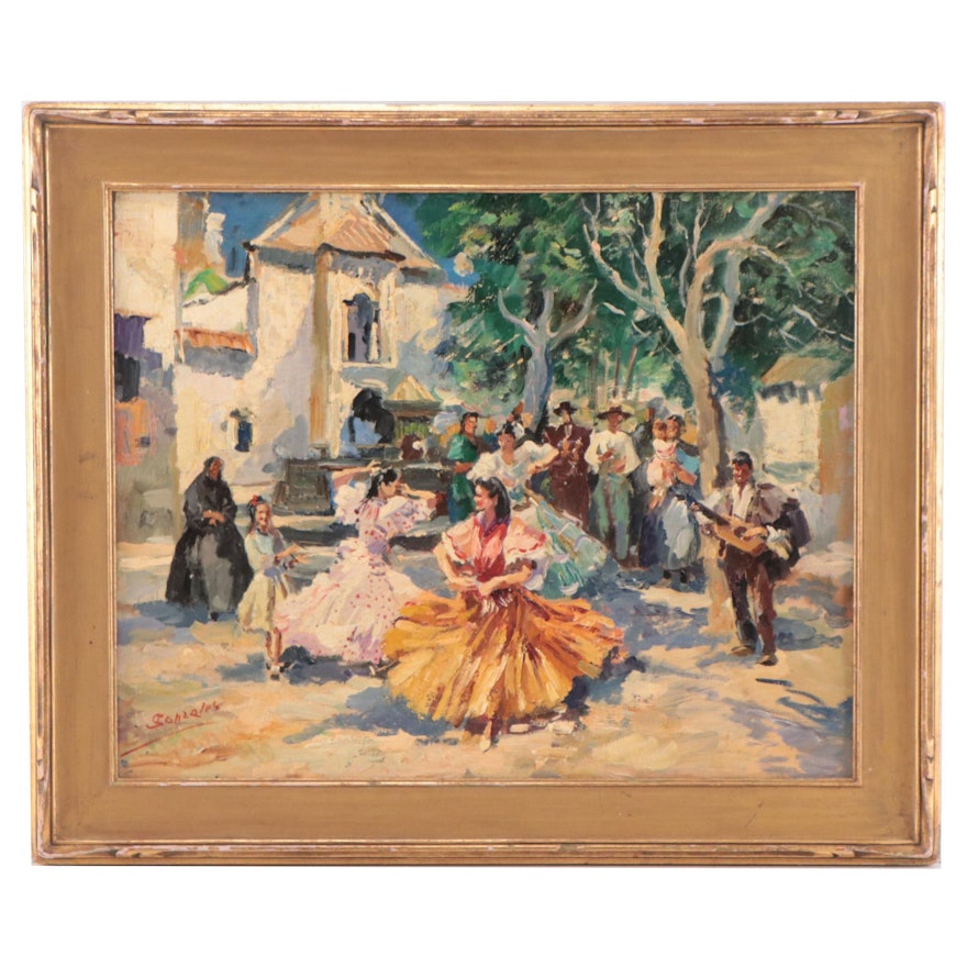 Roberta Gonzáles Oil Painting of Village Scene With Dancers