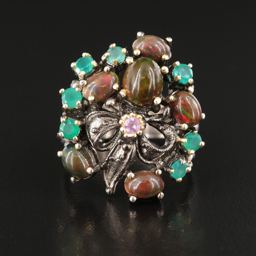 Sterling Opal, Chalcedony and Amethyst Cluster Ring