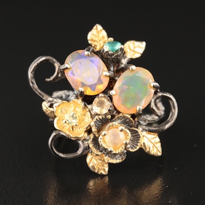 Sterling Opal, Chalcedony and Citrine Floral Ring with Faux Bois Accents