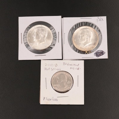 Two Uncirculated Silver Kennedy Half Dollars and 2010-D Hot Springs Quarter