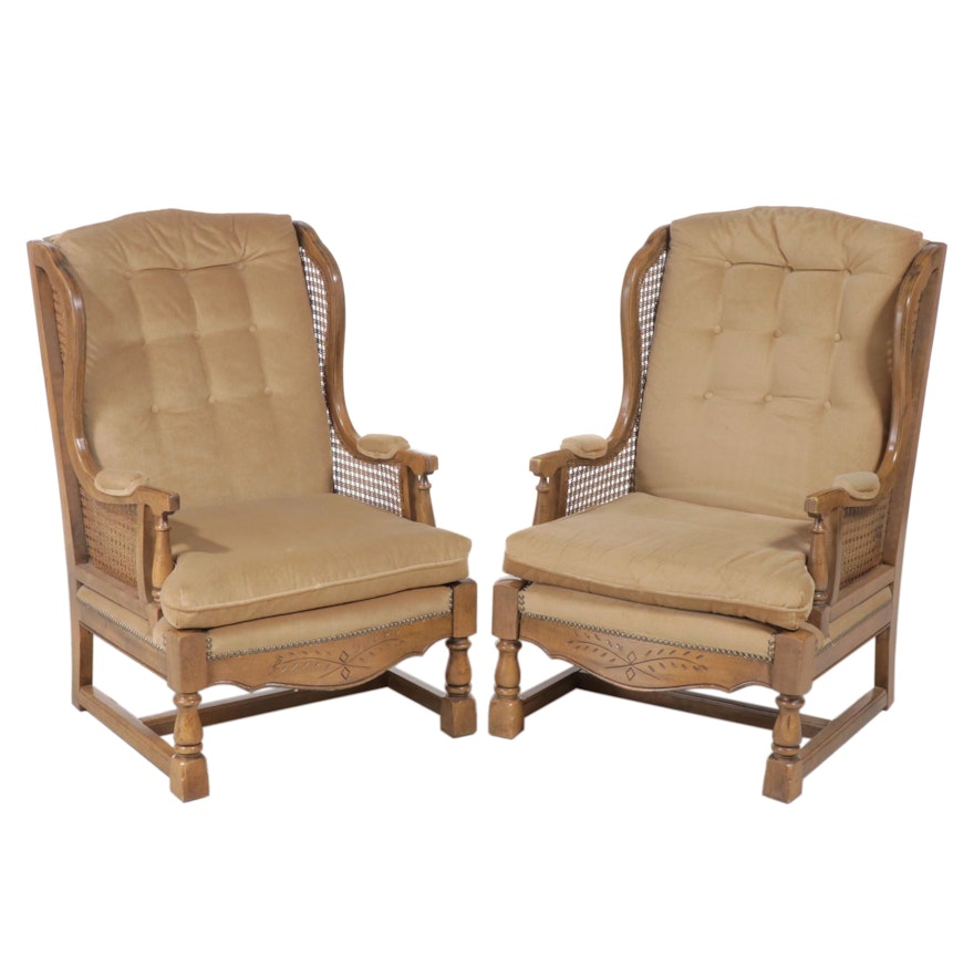 Pair of Fairfield Buttoned-Down and Caned Wingback Armchairs, Late 20th Century