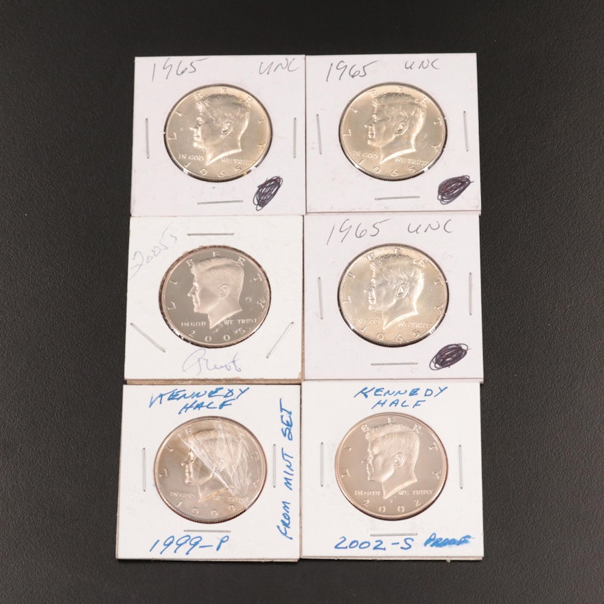 Six Uncirculated and Proof Kennedy Half Dollars