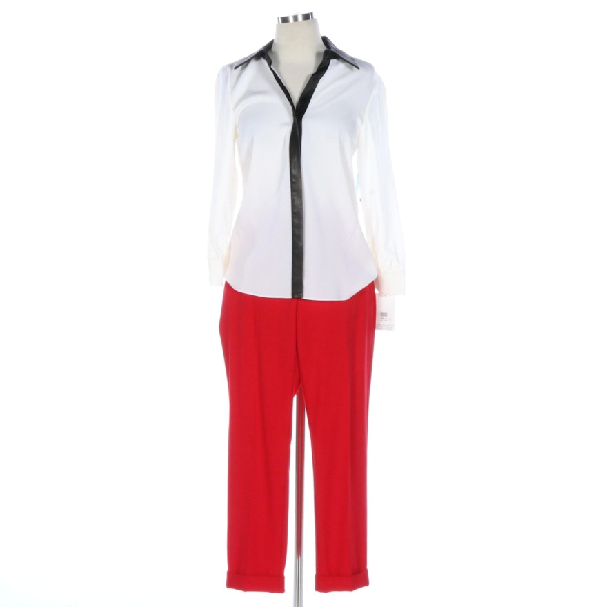 Alice + Olivia Button-Down Shirt with Lambskin Trim and Crepe Trousers