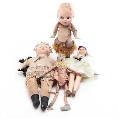Kewpie Style Wind-Up Hula Hula Doll with Other Dolls, Early to Mid-20th Century