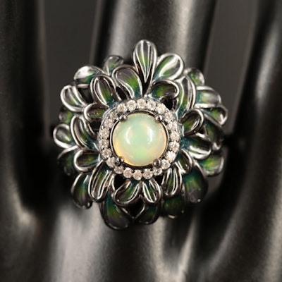 Sterling Opal, Cubic Zirconia and Enamel Ring with Plique - a - Jour Accents