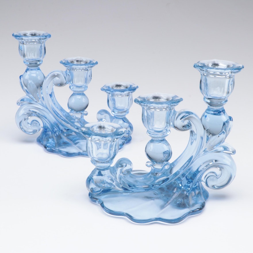 Cambridge Glass "Caprice" Moonlight Blue Candelabras, Mid-20th Century