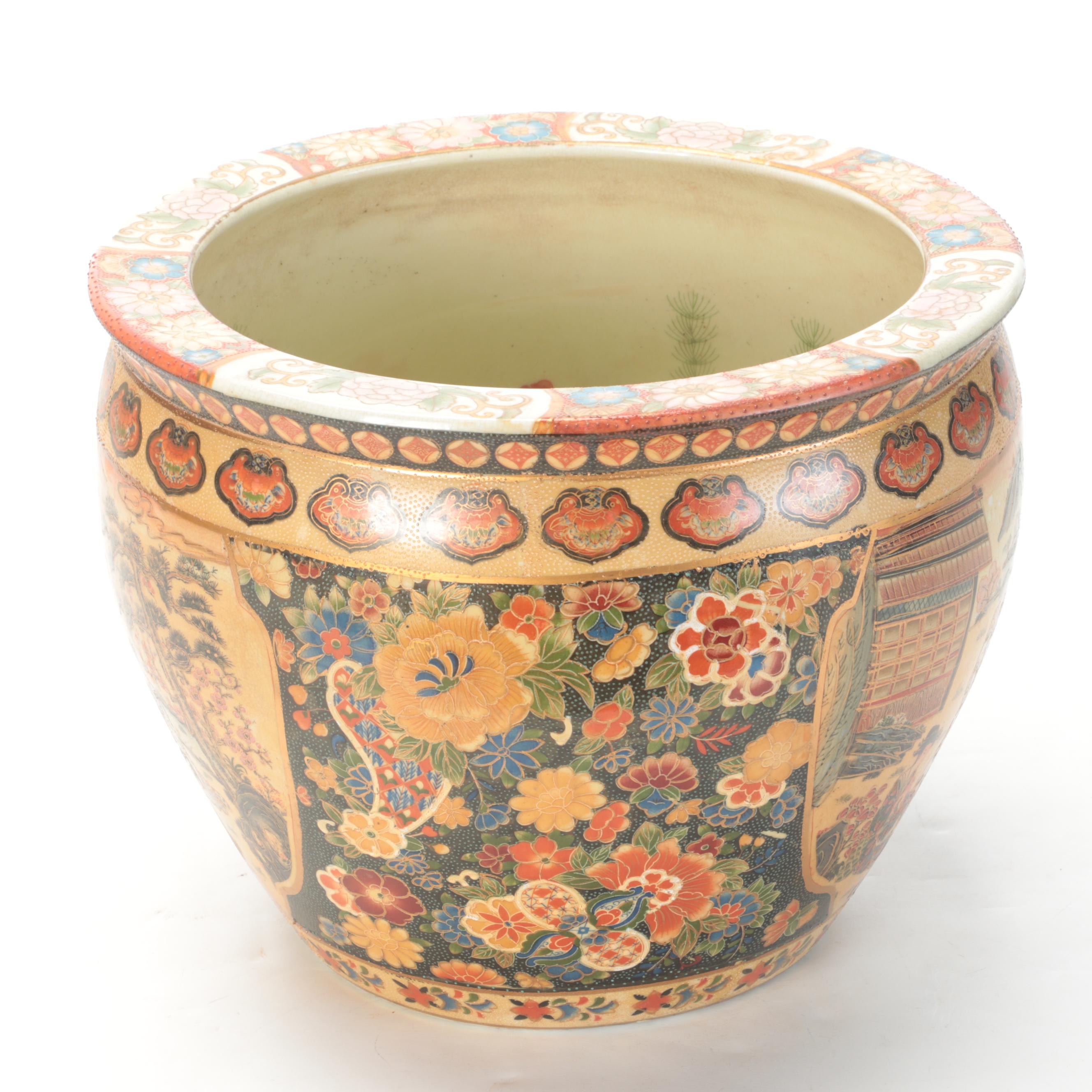 Chinese Satsuma Style Ceramic Fishbowl Planter with Stand EBTH